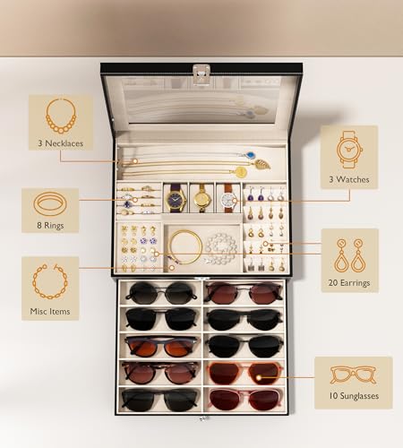 Image of NEWLOOP Jewelry Sunglasses Organizer for Women - 2 Layer Storage Box with 10 Eyeglass Slots 3 Watch Holders Necklace and Earring Compartments Velvet Lined Jewelry Box Eyeglass Box Watch Box Display