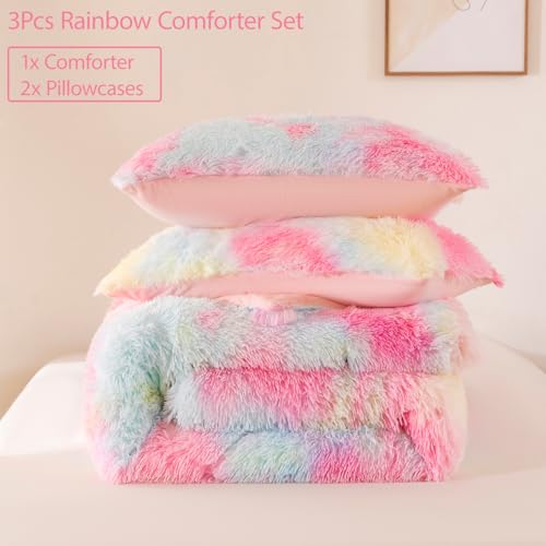 Image of Faux Fur Fluffy King Comforter Set Plush Shaggy Furry Bedding Set - Soft Warm Rainbow Tie Dye Quilt Set, 3 Pieces (Rainbow, King)