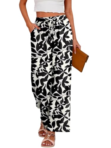 Womens Elastic Waist Pants Casual Drawstring Trousers Leaves Black S