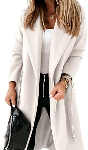Ladiyo Womens Classic Coat Lapel Collar Open Front Belted Long Jacket