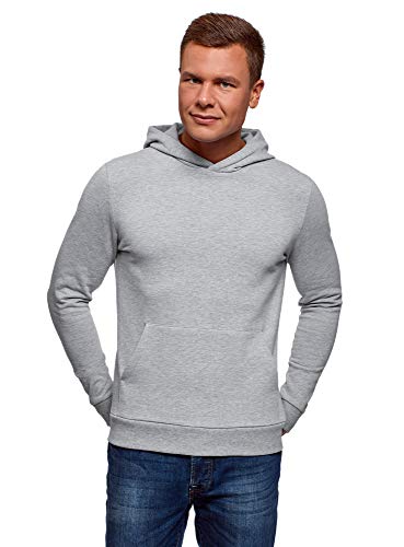 oodji Ultra Hombre Sudadera Básica con Capucha y Bolsillo, Gris, ES 50 / M