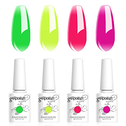 Vishine Set Smalto Gel Neon Traslucido, Fluo Nails Gel Neon Verde Giallo Rosa Caldo Fushia Smalto Gel 4 Colori Soak Off LED Gel Nail Kit Nail Art 8ml