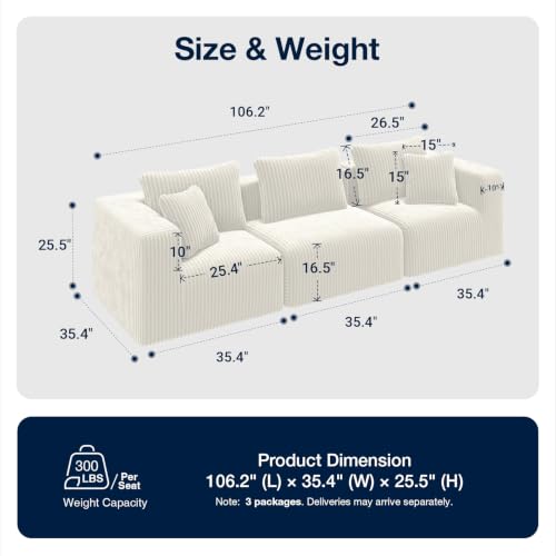 Image of Avenco 106-inch 3-Seater Modular Sofa Couch, Corduroy Fabric