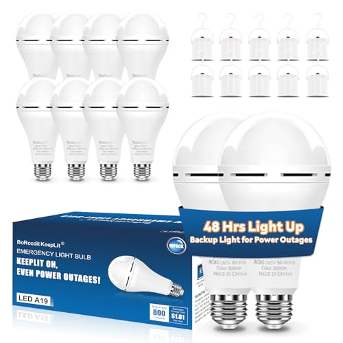 BoRccdit KeepLit 10 Pack Emergency Rechargeable Light Bulbs, 48H Long
