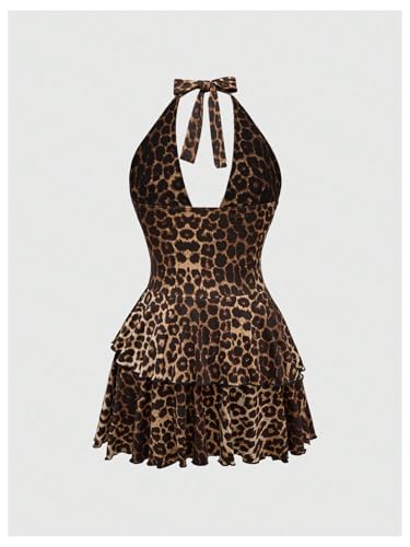 SOLY HUX Women's Plus Size Leopard Print Halter Dress Y2k Gothic Deep V Cheetah Tie Backless Layered Ruffle Mini Dresses2