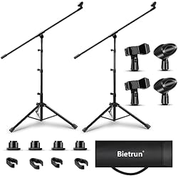 Microphone Stand 2 Pack, Bietrun Tripod Mic Stand Adjustable Boom Height, with Carry Bag & Mic Clips, Detachable Boom Mic Stand for Singing Performance Wedding Stage Church