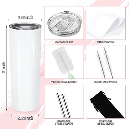 Comfook 20Oz Sublimation Skinny Tumbler Sets White Blank With Lids Straws For Heat Transfer Stainless Steel Double Wall Insulated Skinny Tumbler Vacuum Diy Gift Brush Shrink Film 2 Pack #TOP2