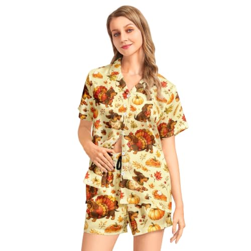 Image of Funny Pajamas for Women Set Print Satin Loungewear Pjs Short Sleeve Button Down Top and Shorts Sets Sleepwear XS-3XL