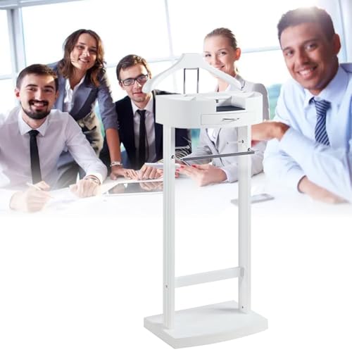 Soporte multifuncional para hombres y mujeres, perchero independiente con estante para pantalones y rejilla de almacenamiento, 17 x 13.5 x 42 pulgadas, elegante diseño blanco