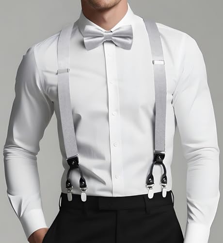 Image of Dubulle Suspender and Bow Tie for Men Paisley Solid Mens Suit Braces Pretied Bowtie and Handkerchief Cufflinks Formal Wedding
