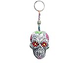 Gypsy Daze Smokes Day of the Dead Sugar Skull 3D Figurine Keychain Multicolored Macramé Metal Ring - Handmade Gifts Boho Car Keys Bag Accessories (White)