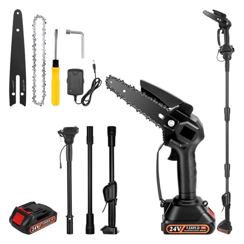 Cordless Pole Saw, 2 in 1 High Branch Saw, 6 Inch Mini Handheld Chainsaw, 3 Sections 1.8M Electric Extension, Battery and Charger, 90°Adjustable Head, for Garden Tree Trimming Branch Cutting
