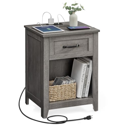 VASAGLE Farmhouse Nightstand with Charging Station, 1 Drawer