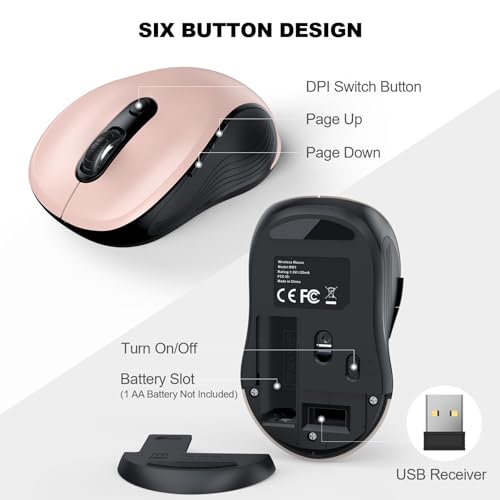 Image of WisFox 2.4G Wireless Mouse for Laptop, Ergonomic Computer Mouse with USB Receiver and Type-C Adapter, 3 Adjustable Levels DPI, 6 Button Cordless Wireless Mice (Pink)