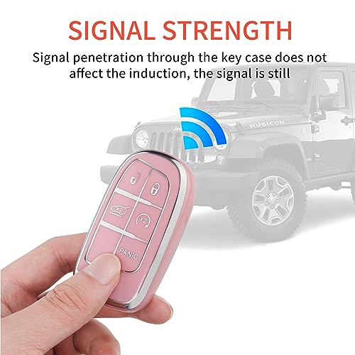 Image of Pangpai Pink Key Fob Cover for Jeep, Soft TPU Key Case Protection with Bling Keychain Fit for Jeep Grand Cherokee Renegade Wrangler Patriot Grand Commander