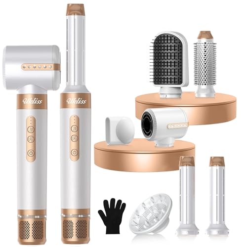UKLISS Air Styler 7 en 1, Seche Cheveux avec Diamant, 110000 TR/MIM Brosse Soufflante avce Sèche Cheveux, Diffuseur Boucle, Air Fer à Boucler, Brosse Chauffante, Brosse Soufflante, Concentrateur