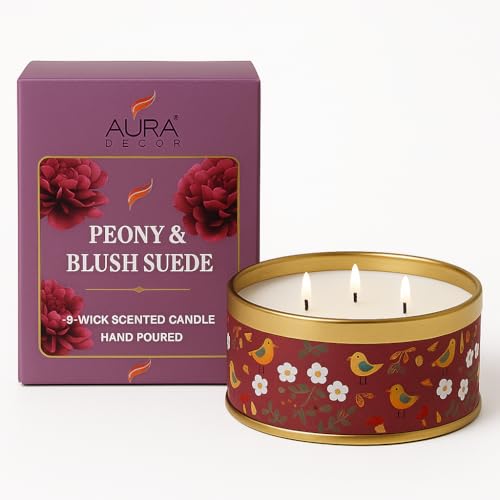 Image of AuraDecor 3-Wick Scented Tin Candle | Premium Gift Set | Hand Poured Soy Blend | Long Lasting | Home Fragrance | Relaxation & Decor (Peony & Blush Suede)