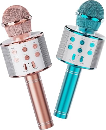 Wireless Bluetooth Karaoke Microphone 2 Pack, 4-in-1 Handheld Mic Speaker for Singing, Karaoke Machine for Phone Android PC, Great Birthday Gifts for Girls Kids Adults for Party,Home KTV,Blue&Rose