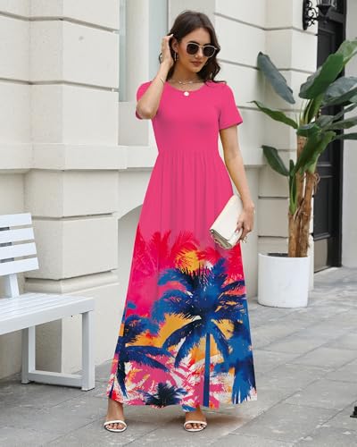 Image of COSSEN Women's Crew Neck Short Sleeve Maxi Dress with Pockets Casual Loose Swing for Wedding Guest Beach Vacation