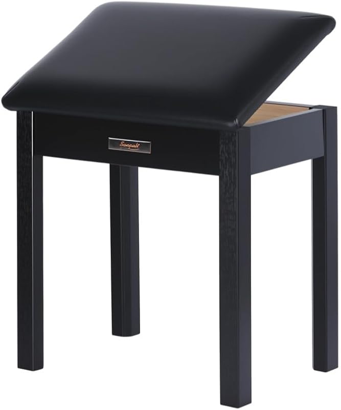 Sanpuli Solid Wood Piano Bench with Storage, Piano Stool and Padded Cushion, Keyboard Bench with Bookcase, Piano Chair and Piano Seat with High-Density Sponges.