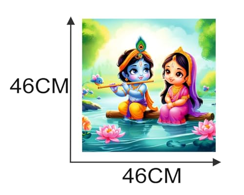 Image of Akki World Bal Krishna With Radha River Point God Wall Poster For Pooja Room, Office, Bedroom (Size- 46Cm X 46Cm)