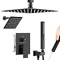Shower Systems Matte Black Shower Faucet Sets,Bostingner Five Function Diverter Dual Head Shower Set,12'' Ceiling Mount and 6’‘ Wall Mount Rainfall Shower System with 2 in 1 Handheld Spray