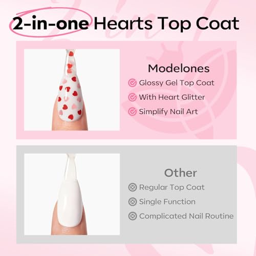 Image of modelones Heart Glitter Gel Top Coat, 15 ML 2 in One No Wipe Clear Gel Nail Polish Red Pink Color Reflective Hearts Sequins Glossy Shine Long Lasting Soak Off Manicure Gift for Women