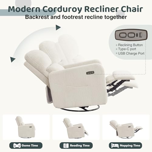 Image of Swivel Rocker Recliner, Oversized Power Recliner Glider with Removable Cushion, Upholstered Corduroy Swivel Reclining Nursery Chairs for Living Room Bedroom, Cream White