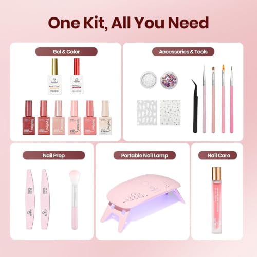 Image of Beetles 22 Pcs HEMA-Free Gel Nail Kit with U V Light - 6 Color Pink Nude Red Pearl White Gel Polish Set Ethereal Glow Gift-Ready Package DIY Salon Portable Manicure Kit Gifts for Women
