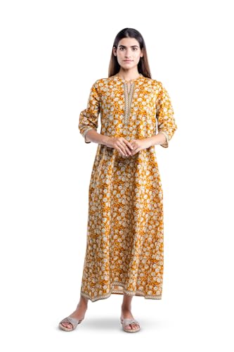 Image of NIHSAMAH Cotton Nighty for Women - XL | Premium Printed Long Cotton Night Gown | Comfortable & Fancy Sleepwear /Nightwear /Maxi Dress (Yellow Colour)