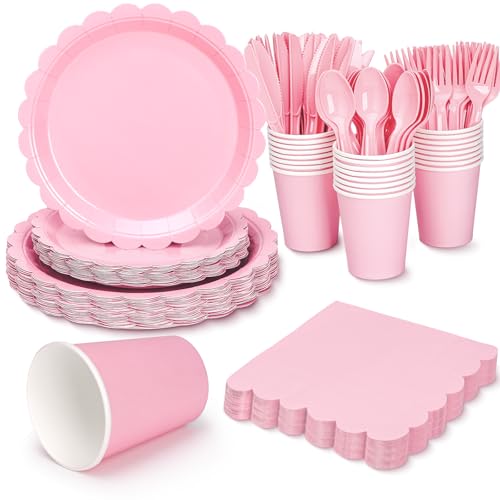 168 Pcs Pink Paper Plates and Napkins Light Pink Party Supplies Include Scalloped Plate Napkins Cups Forks Knives Disposable Plastic Cutlery for Wedding Baby Shower Birthday Party