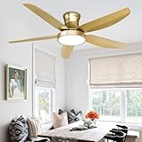 Morpholife 52' Gold Ceiling Fans with Lights Remote, Champagne Ceiling Fan with 5 ABS Fan Blades and LED Kit, Modern Flush Mount Low Profile Chandelier for Patio/Bedroom/Living Room