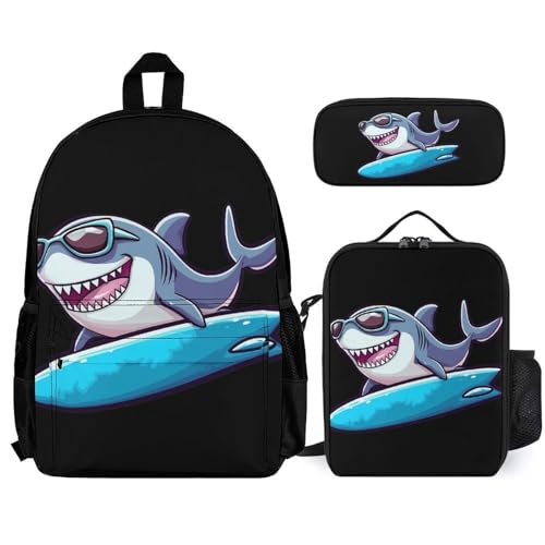 Surfing Shark Backpack 3 Set with Lunch Bag Insulated Shoulder Meal Tote Bags Pencil Case Box Casual Daypack