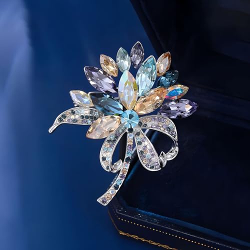 Image of Sparkling Rhinestone Flower Brooch Pin Premium Blue Purple Crystal Flower Brooch Lapel Pins Vintage White Rose Broochs Clothes Hat Bag Dress Clothing Jewelry for Women