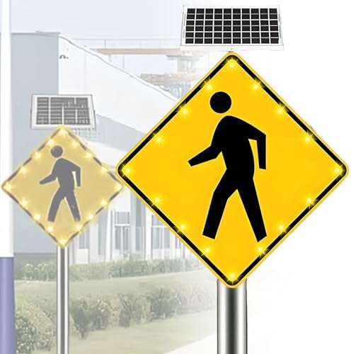 30" Solar LED Traffic Warning Sign - Flashing Aluminum Pedestrian Crossing Sign, Weatherproof & IP65 Rated, Ideal for Parks, Schools, and Urban Areas