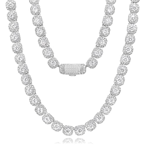 Luxfine 12mm Tennis Chain for Men Women White Gold Plated Clustered Iced Out Choker Necklace 5A+ CZ Diamond Hip Hop Jewelry Birthday Christmas Wedding Gift (with Box & Pouch) (22 inches)