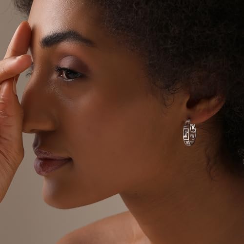 LeCalla 925 Sterling Silver Greek Key Hoop Earrings Lightweight Click-Top Greek Wall Cut-Out Pattern Earring Hoops for Women4