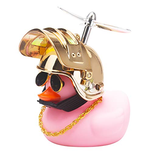 wonuu Rubber Duck Toy Car Ornaments Pink Duck Car Dashboard Decorations Set with Propeller Helmet, Sunglasses, and Gold Chain.