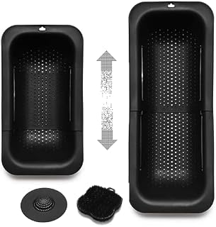 Huniebee Extendable Over The Sink Collapsible Colander Strainer Basket - for Washing Vegetables, Fruits, Drain Cooked Pasta, Drying Dishes, and BPA Free - 100C Heatproof (Black)