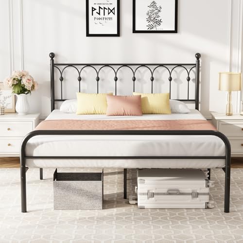 HAPPYMONT Full Metal Platform Bed Frame with Headboard, Modern Design, No Box Spring Needed, Easy Assembly, Black