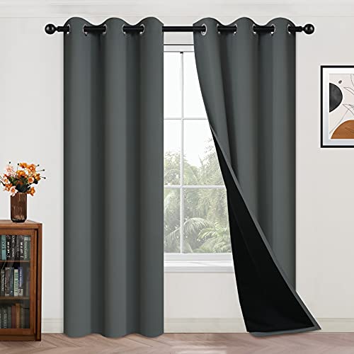 Image of Yakamok Dark Grey 100% Blackout Curtains 84 Inches Long 42 inch Wide 2 Panels | Blackout Curtain Panels for Bedroom, 2 Thick Layers Grommet Top Thermal Insulated Drapes with Black Liner for Living Room
