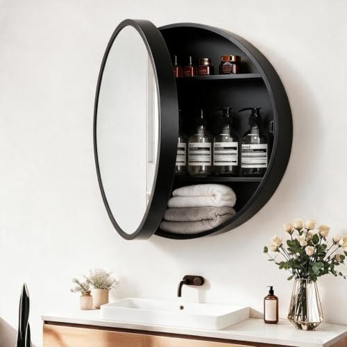 Armario de medicamentos redondo de 20 pulgadas con espejo - Montaje en pared | Espejo con estantes ocultos, marco de madera premium y diseño resistente a la humedad, almacenamiento ahorrador de espacio para baño (negro) miniatura 1