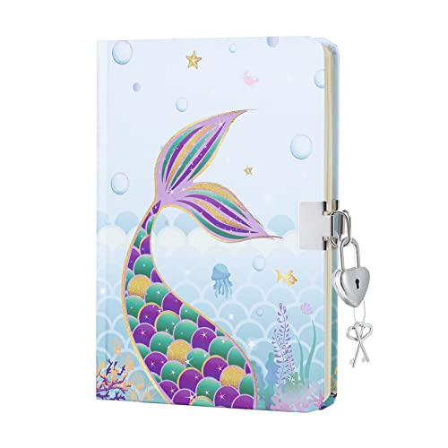 WERNNSAI Diario di Sirena - Quaderno Glitterato per Ragazze Bambini Taccuino Privato da Viaggio Scolastico Blu Copertina Rigida a Righe a5 Memo Blocco Note da Scrivere con Serratura e Chiav