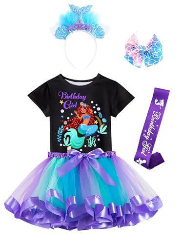 Doctor Unicorn Birthday Girls Mermaid Outfit Set Costume Tutu Skirt Dress, Mermaid Birthday Shirt, Headband & Satin Sash (Black-1, 6-7 Years)