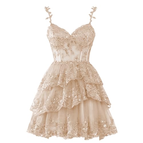 Sparkly Homecoming Dresses Puffy Prom Dresses Corset Short for Teens Lace Tiered Cocktail Party Dress RO155