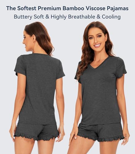 Image of WiWi Womens Pajamas Set Bamboo Viscose Super Soft Short Sleeve Top Ruffle Shorts Sleepwear Cooling Pj Sets S-XXL