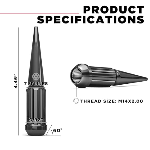 Image of White Knight M14x2.0 Thread Lug Nuts for Aftermarket or OEM Wheels - 25 Chrome Black Lug Nuts & Key Adapter - Duplex Spline Spike Acorn Seating - Carbon Steel for EZasy Installation - 3850XLBK-25AM