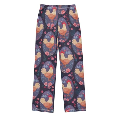 Rooster Egg Floral Boys Long Pants Soft Trousers Elastic Waist Kids Lounge Bottoms with Pockets S-XL