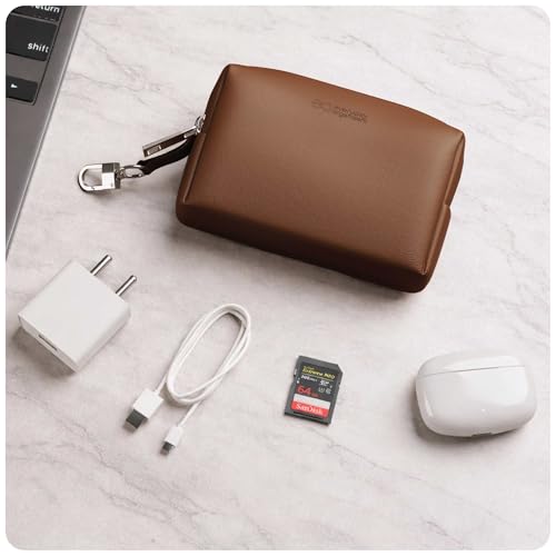 Image of eo Travel Organizer Pouch | Toiletry Pouch for Men & Women | Mini Cable Organiser Bag for Travel, Tech, Charger & Laptop Cable Pouches with Carabiner, Super Smooth Zipper (Brown)
