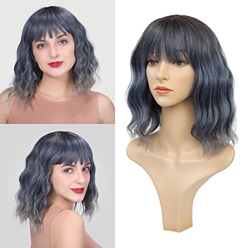 Wigs for Women - Ombre Grayish-Blue Wig with Bangs for Women, Short Wavy Bob Wig, Colorful Medium Length Wig, Pastel Colored Cosplay Wig Synthetic Costume Wigs, Halloween Wigs